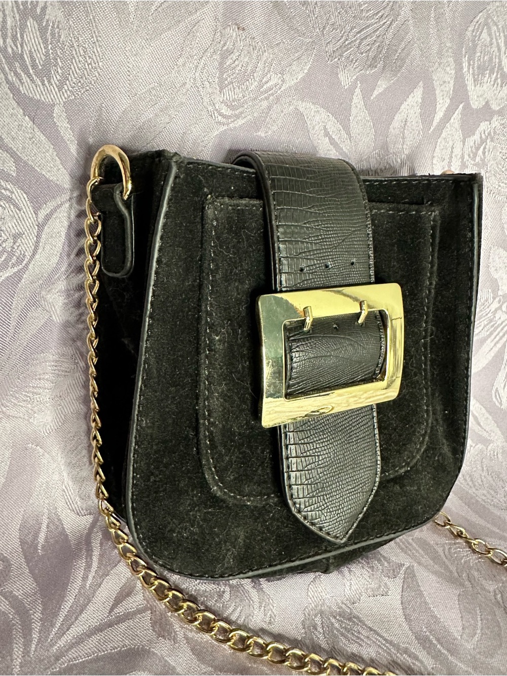 Black Faux Suede Vintage Like Dreams Crossbody Bag with Gold Buckle